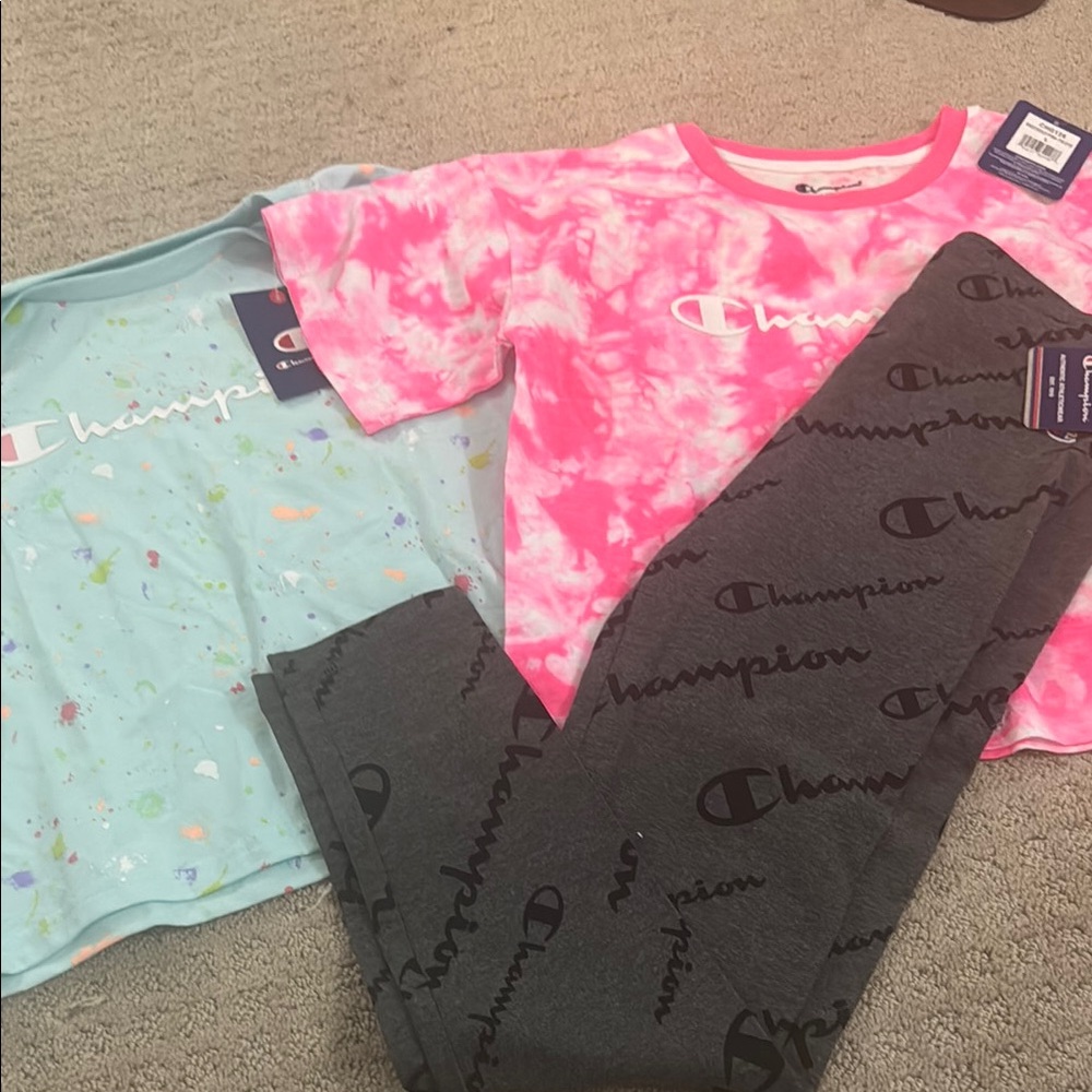 Champion Pink Tie-Dye Tee and Gray Logo Leggings Set